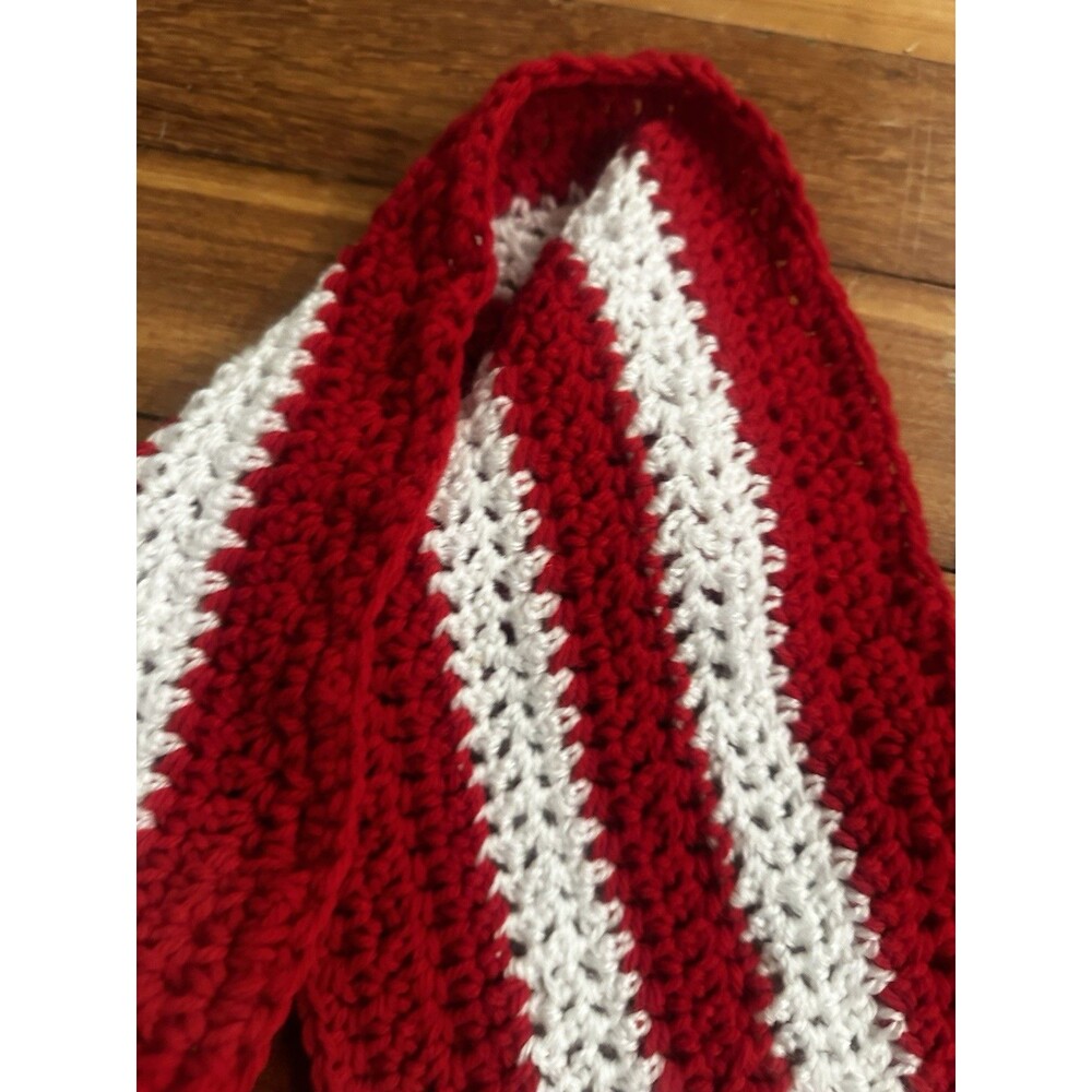 Handmade Crimson And White Crocheted Scarf - Picture 3 of 4